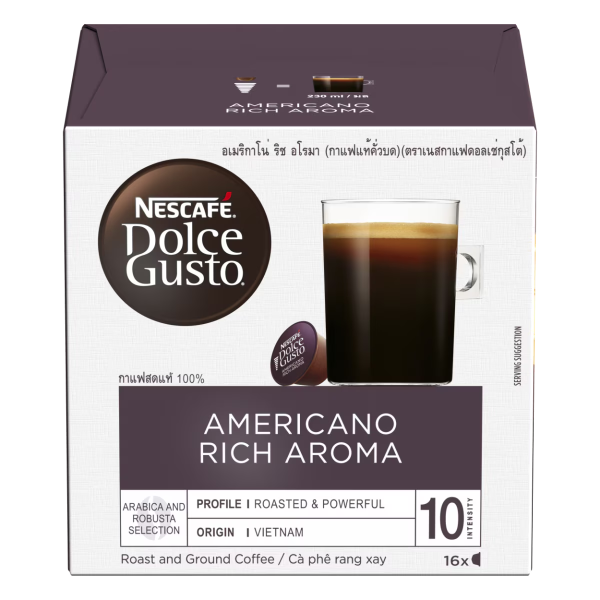 Front view of Americano Rich Aroma (16 pods) box